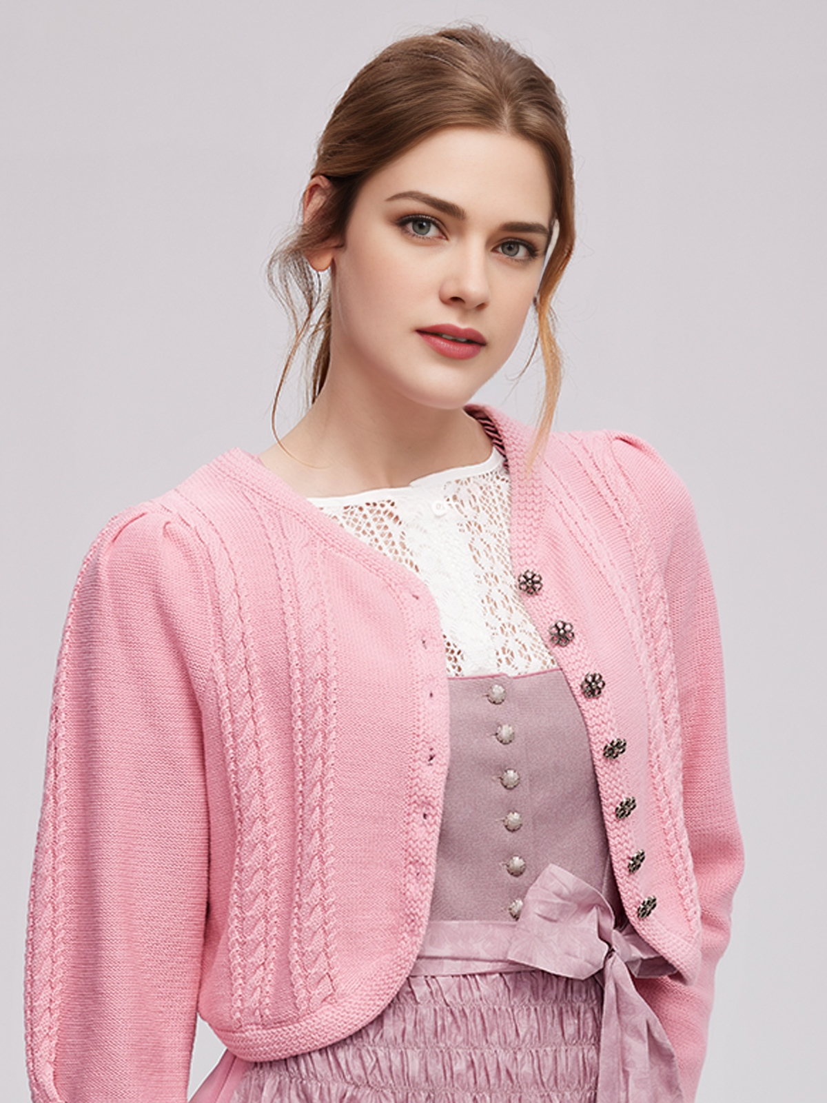 Dirndl Gelb Samt mit rosa Blumenmuster